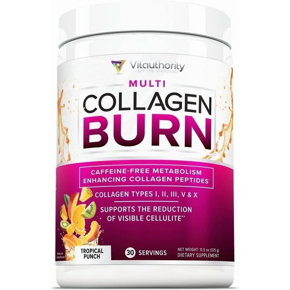 Vitauthority Multi Collagen Peptides Hydrolyzed Collagen Burn Powder, Tropical Punch, 30 servings