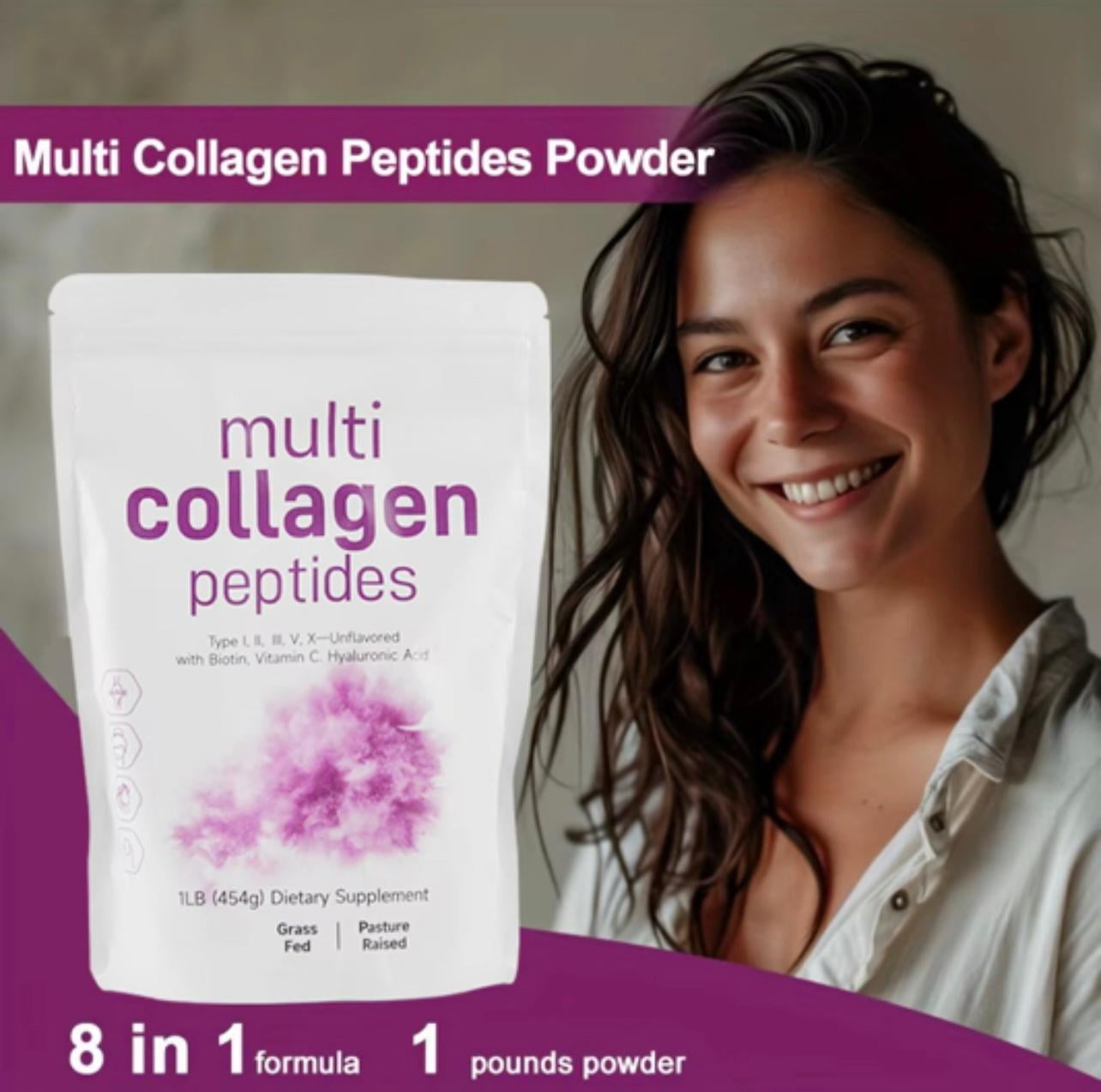 Hydrolyzed Multi Collagen Powder 1lb | Type 1 2 3 5 10 | w/ Biotin, Vit C, Hyaluronic Acid