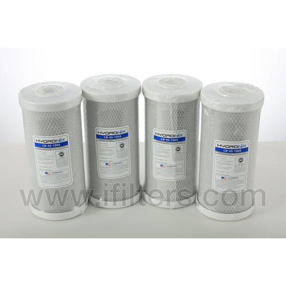 Hydronix 4 Pack CB-45-1005 Whole House, Hydroponics Carbon Block Water Filters CTO 4.5" x 10" - 5 micron