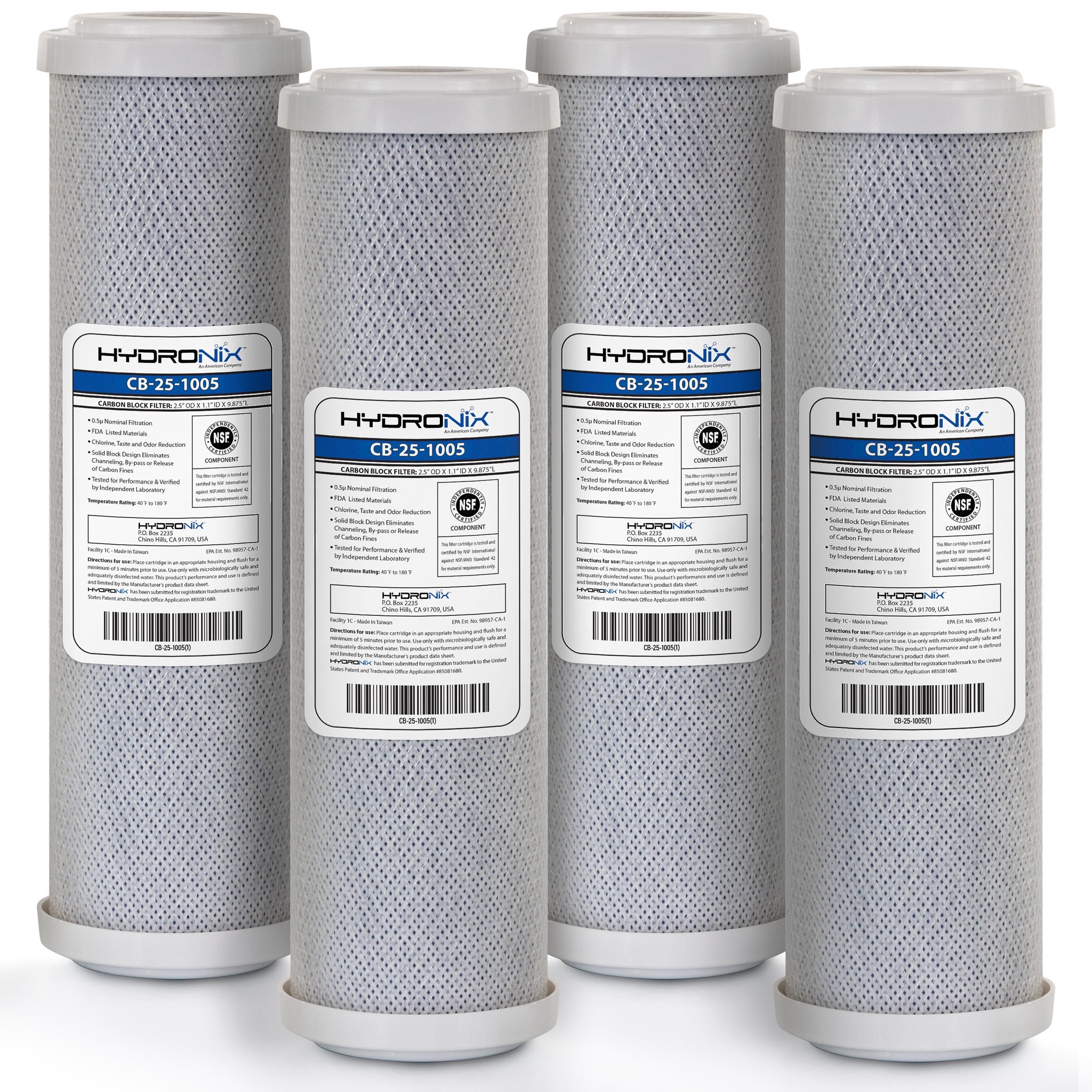 Hydronix 4 Pack Carbon Block Water Filters Coconut Shell CTO for Whole house, RO, DI, Hydroponics - 10" x 2.5", 5 Micron