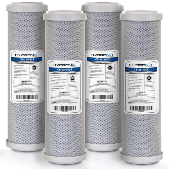 Hydronix 4 Pack Carbon Block Water Filters Coconut Shell CTO for Whole house, RO, DI, Hydroponics - 10" x 2.5", 5 Micron