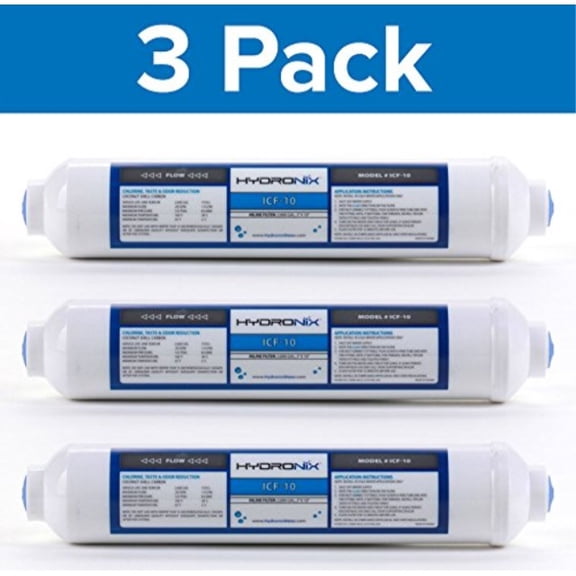 Hydronix 3 Pack ICF-10 Reverse Osmosis Post Polishing, Fridge & Ice Inline Coconut GAC Water Filter, 2000 Gal 1/4" NPT