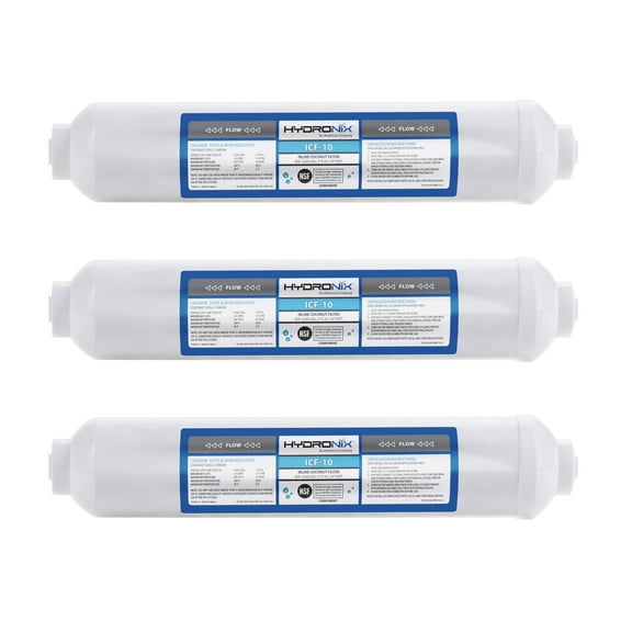Hydronix ICF-10 Reverse Osmosis Post Polishing, Fridge & Ice Inline Coconut GAC Water Filter, 2000 Gal 1/4" NPT, 3 Pack
