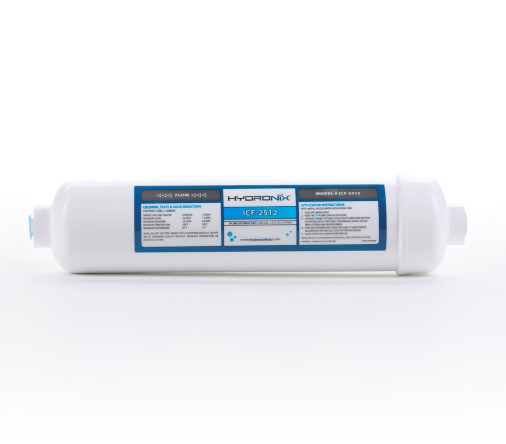 Hydronix ICF-2512 Inline Reverse Osmosis Post, Fridge & Ice Coconut GAC Water Filter 2.5 x 12, 3500 Gal, 1/4" NPT Ports