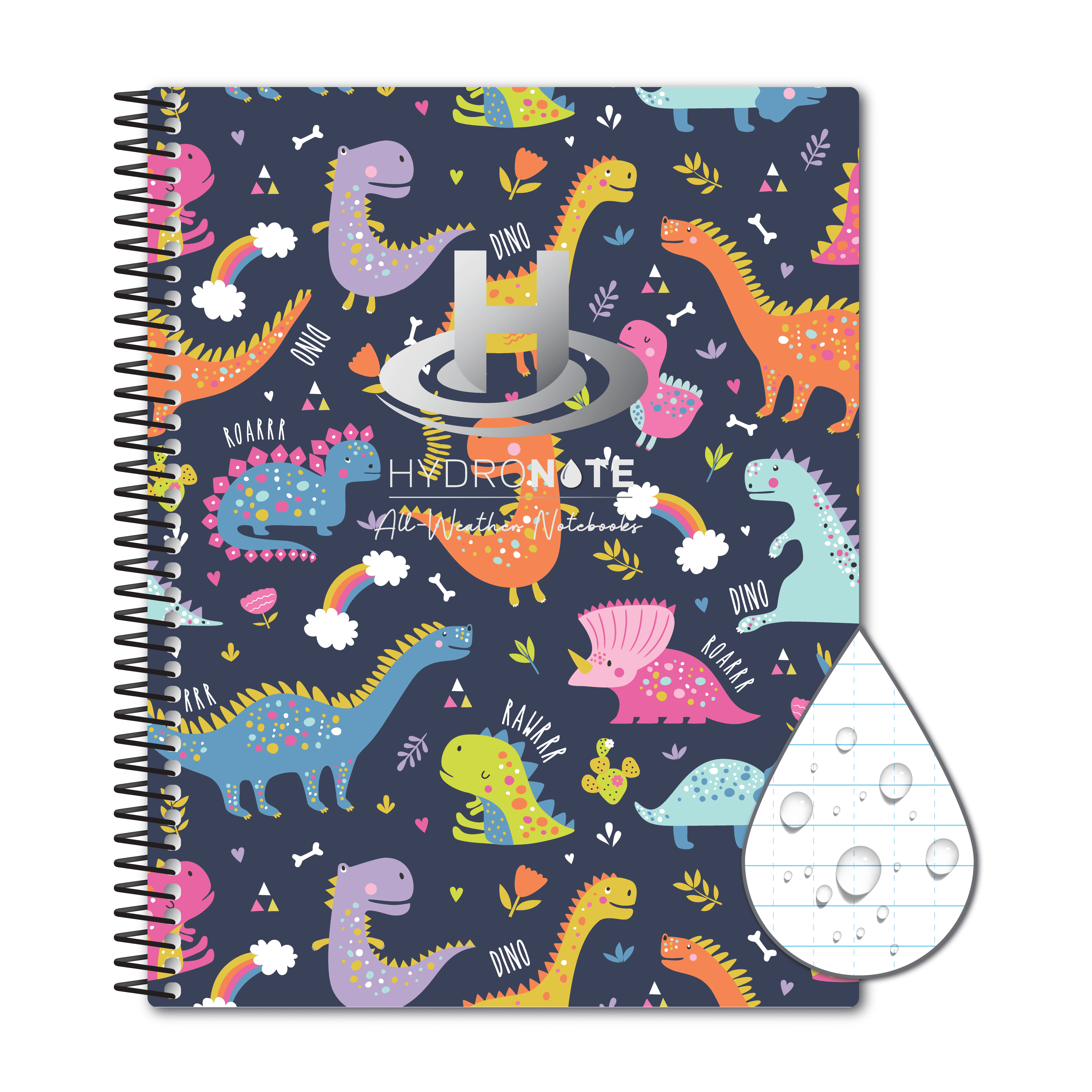 Hydronote Waterproof Side Spiral Notebook, Universal Page Pattern 11 x 8.75 x 0.5 (Dinosaurs!)
