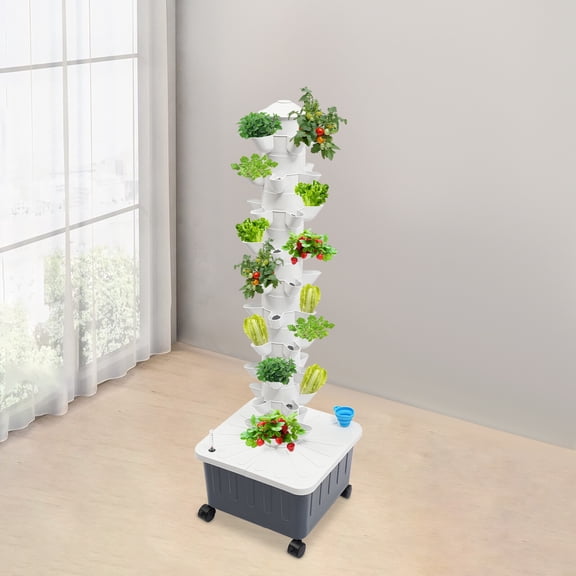Hydroponic Growing Tower, 50-Site Vertical Garden, 5.28Gal Tank & 9.84ft Lift Pump, with Lockable Wheels, for Indoor Planting