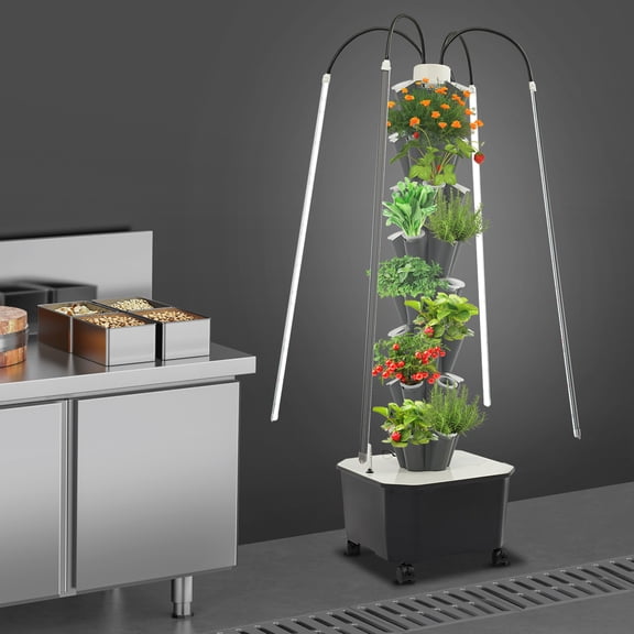 Hydroponic Growing Tower System 40 Holes 5 Per Layer 8 Layers with LED Light and Rolling Stand