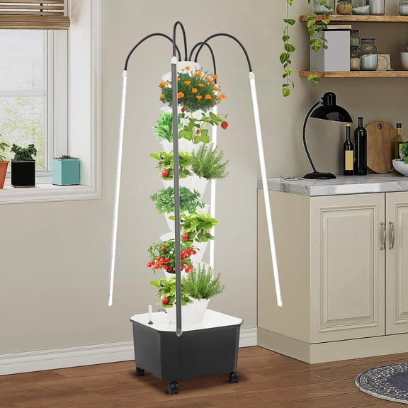 Hydroponic Growing Tower System, 40 Holes 5-Tier Vertical Hydroponic Tower with LED Grow Light, PP Material Indoor Plant Germination Kits, Automatic Circulating Irrigation for Vegetables Herbs