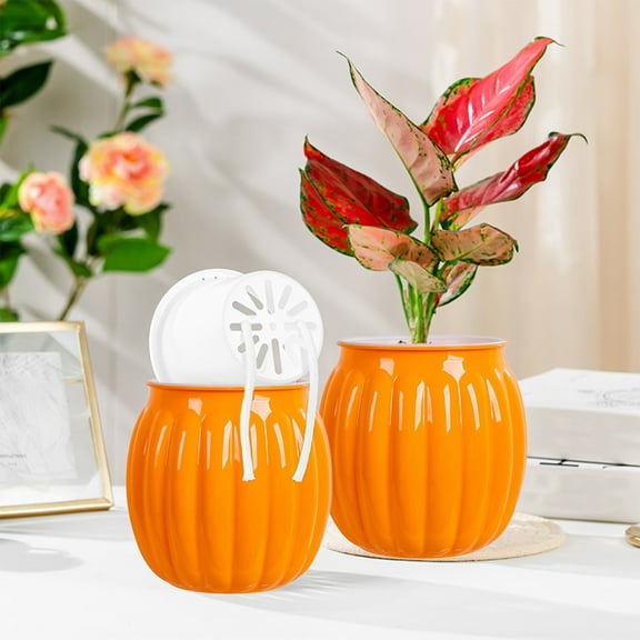 Hydroponic Self-Watering Plastic Flower Pot | Small Transparent Potted Planter for Indoor Desktop Décor | Orange Color | 11x10x10cm | Energy-Saving Home Display