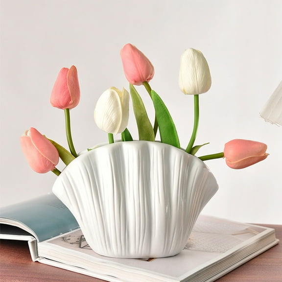 Hydroponic Shell Vase Decorative Flower Container,Ceramic Look Plastic Planter for Fresh Flowers Artificial Arrangements,Water Storage Desktop Ornament for Living Room Office Dining Table Shelf Decor