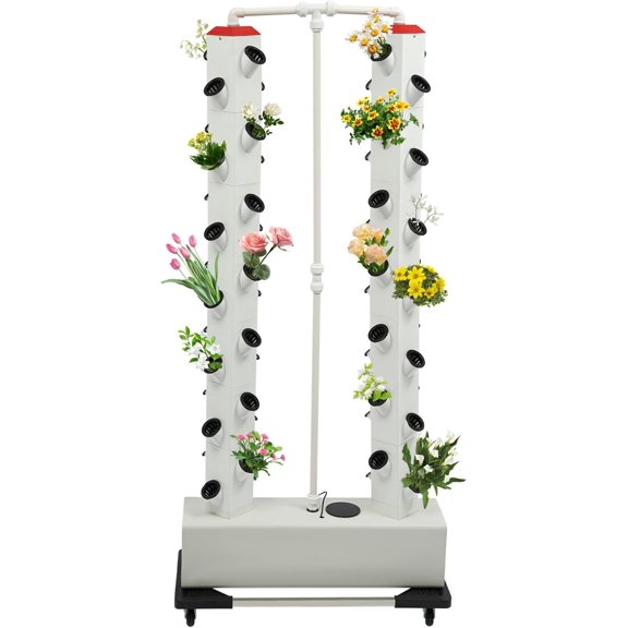 Hydroponic Tower with 4 Universal Wheels, Porous Design Hydroponic Growing System, 2 Separate Planting Racks and 56 Planting Points Vertical Garden Kit for Garden Balcony