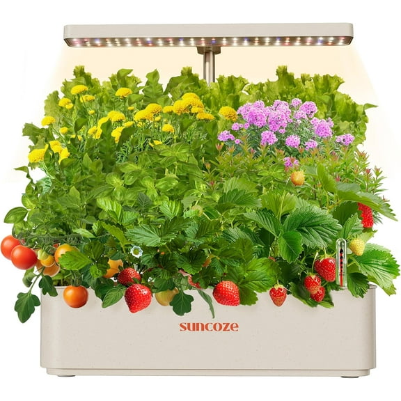 Hydroponics Growing System Kit 12 Pods, 24W LED Grow Light Indoor Garden, 4L Water Tank Quiet Pump, Adjustable Height Herb Planter, Indoor Gardening Gift, Beige