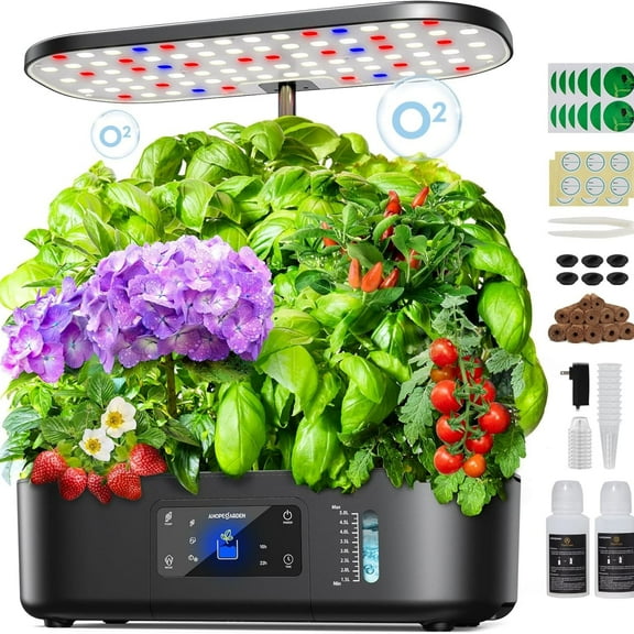 Hydroponics Growing System Kit Indoor Herb Garden with Grow Light 12 Pods, with LCD Touch Panel Hydroponic Planter, Planting Height Up to 17", Grower Harvest Fresh Veggie Lettuce, Black