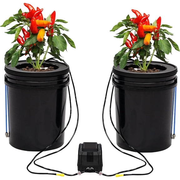Hydroponics Growing System Kit with Top Drip 5 Gallon 2-Bucket Recirculating DWC Hydroponic System Kit Not Easy to Leak for Growing Plants Indoors and Outdoors (2-Bucket+Top Drip)
