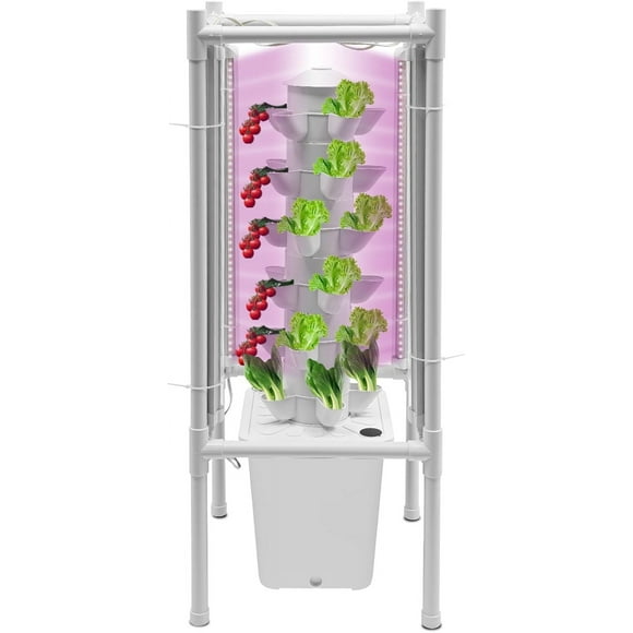 Hydroponics Tower Garden Growing System Kit, Indoor Vertical 30 Pods Gardening Planter with 4 LED Light, Outdoor Smart Herb Strawberry Vegetable Nursery Germination Kit with Water Pump (White)