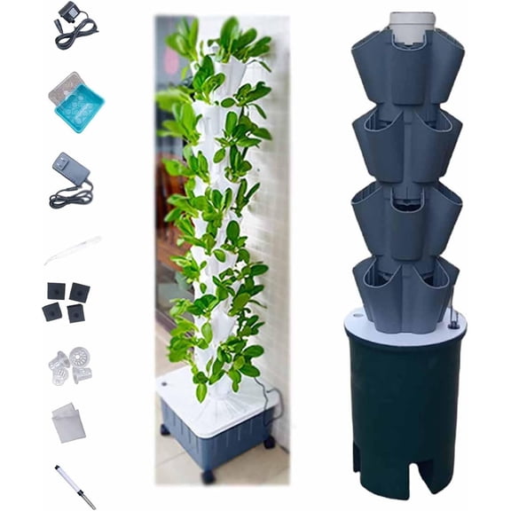 Hydroponics Tower Garden,Vertical Indoor Garden Planter Growing System Kit for Indoor Herbs, Fruits and Vegetables - Aeroponic Tower with Hydrating Pump, Adapter, Net Pots, Timer