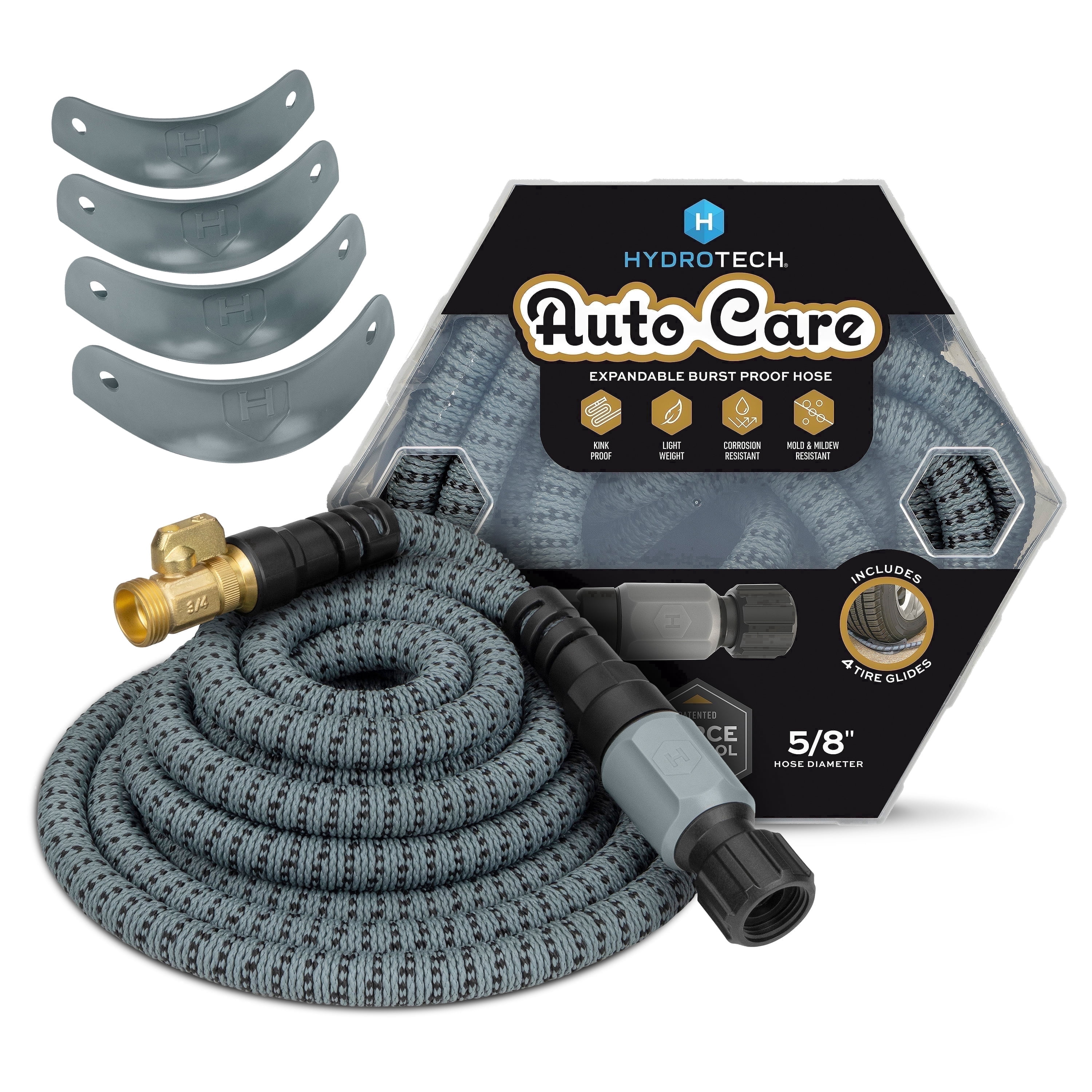 Hydrotech 60 ft Garden Hose – Patented Force Control, Burst-Proof, Lightweight, Flexible, No-Kink Design, 5/8", 4 Tire Hose Guides, Ideal for Car Wash & Automotive Care