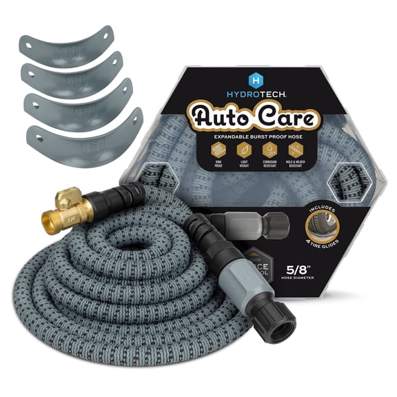 Hydrotech 60 ft Garden Hose Patented Force Control, Burst-Proof, Lightweight, Flexible, No-Kink Design, 5/8", 4 Tire Hose Guides, Ideal for Car Wash & Automotive Care