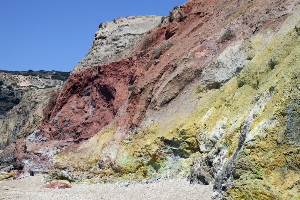 Hydrothermally altered red and yellow cliffs with fresh fumarolic deposits Greece Canvas Art - Richard RoscoeStocktrek Images (35 x 23)