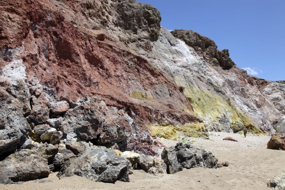 Hydrothermally altered red and yellow cliffs with fresh fumarolic deposits Greece Canvas Art - Richard RoscoeStocktrek Images (35 x 23)