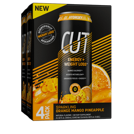 Hydroxycut CUT Energy Plus Weight Loss Sparkling Drink, Orange Mango Pineapple, 12 fl oz, 4-Pack