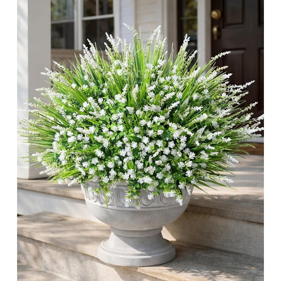 HyeFlora 20 Bundles Artificial Fake Outdoor Plants Flowers for Spring Decoration, UV Resistant Realistic White Plastic Flowers Faux Plant Monkey Grass for Planter Home Garden Porch Patio Window Box