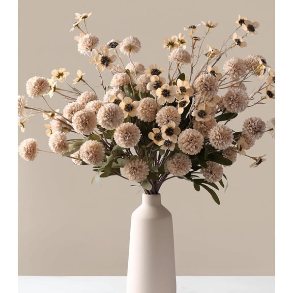 HyeFlora Fake Kiku Flowers, Faux Silk Pompon Mums Artificial Flowers, Chrysanthemum Stems Floral Arrangement Dried Flowers Vintage Decorative Indoor Home Decor Beige with Wax (Vase not Included)