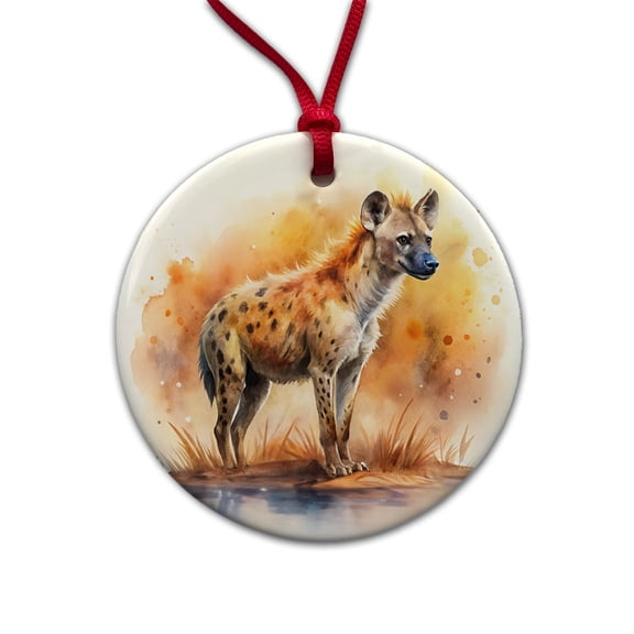 Hyena African Plain Watercolor Design Christmas Tree Holiday Round Ceramic Ornament