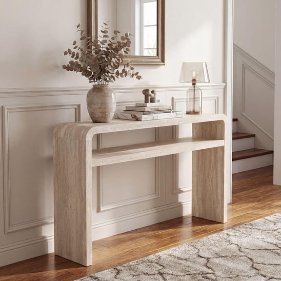 Hyfirm Travertine Style Wood Console Table with Storage Shelf for Entryway | 51"Lx30"H Waterfall Edge Modern Sofa Table Behind Couch with Lower Storage, Minimalist Thickened Hallway Entry Desk