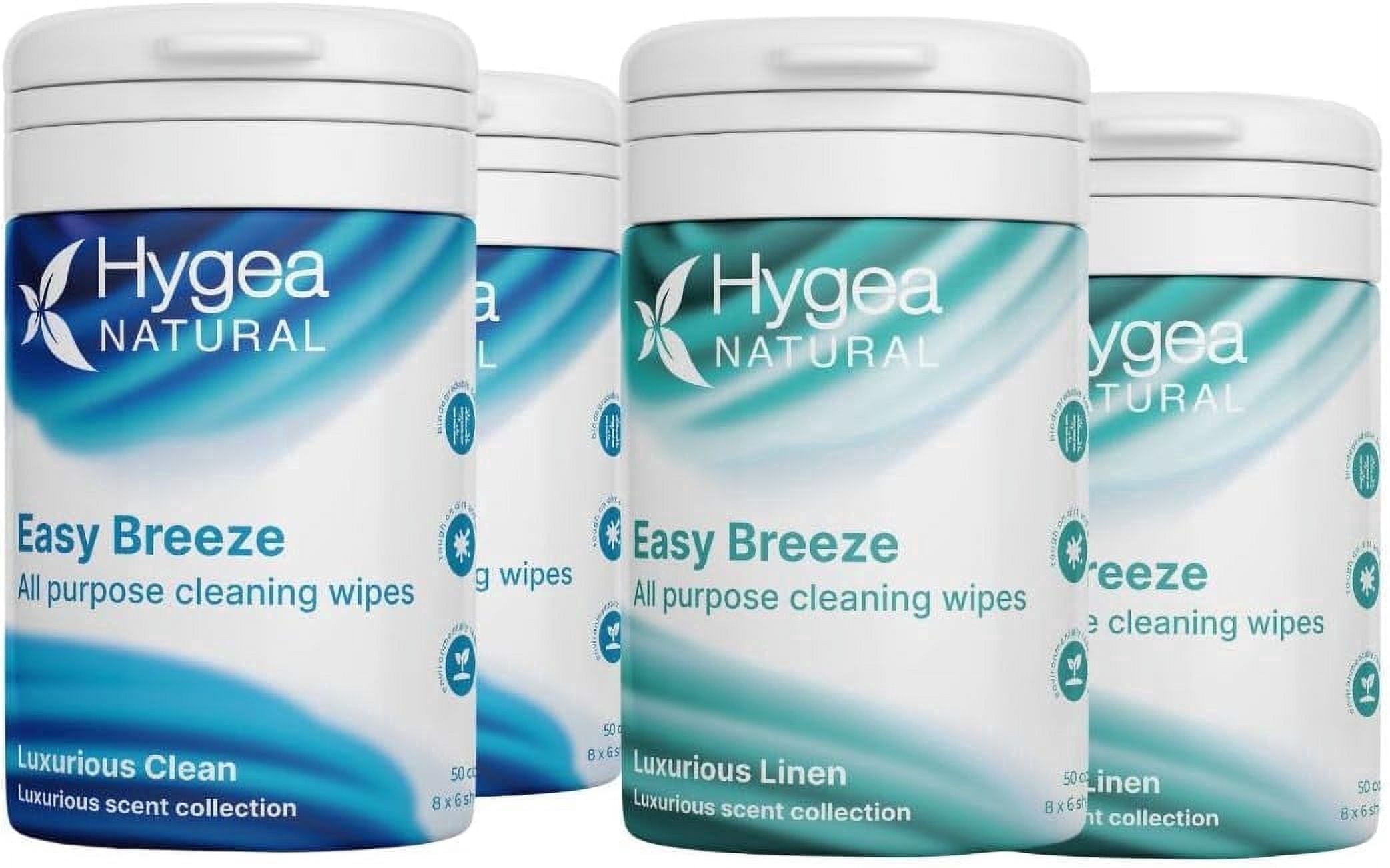 Hygea Natural Easy Breeze Biodegradable Cleaning Wipes Combo, Non-Toxic Multi-Surface Cleaner, 50 Count, 4 Pack