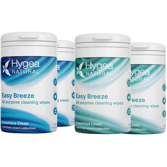 Hygea Natural Easy Breeze Biodegradable Cleaning Wipes Combo, Non-Toxic Multi-Surface Cleaner, 50 Count, 4 Pack