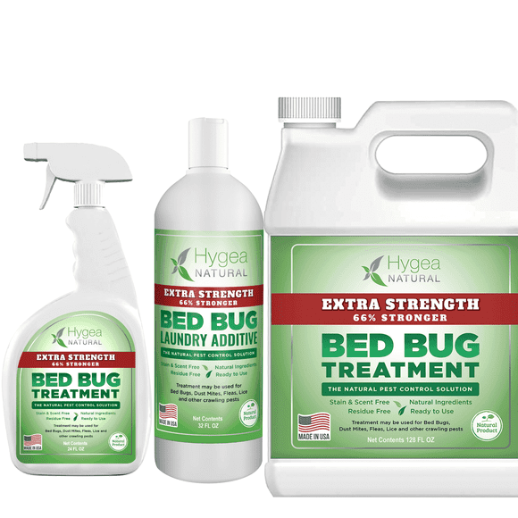 Hygea Natural Extra Strength Bed Bug & Mite Kit - Child & Pet Safe, Odorless, Non-Toxic, Flea & Tick Treatment, 24oz Spray, 128oz Refill + 32oz Laundry Additive