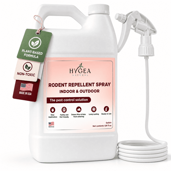 Hygea Natural Rodent Repellent Spray - Peppermint, Cinnamon & Clove Oil Blend for Mice & Rats, Indoor & Outdoor, Family & Pet Friendly, No-Leak Sprayer, Repel ants and spiders (128 oz Gallon)