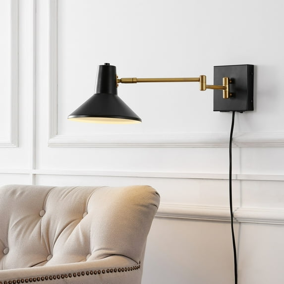JONATHAN Y Hygge 16" Swing Arm 1-Light Modern Midcentury Iron USB Charging Port LED Sconce, Black/Brass Gold