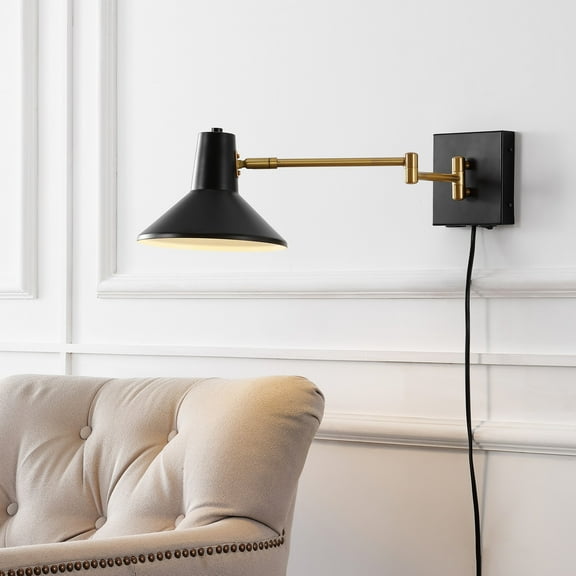 JONATHAN Y Hygge 16" Swing Arm 1-Light Modern Midcentury Iron USB Charging Port LED Sconce, Black/Brass Gold