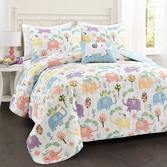 Hygge Elephant Quilt White/Multi 3Pc Set Twin