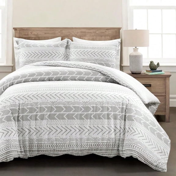 Hygge Geo Reversible 3 Piece Cotton Duvet Set Full/Queen Gray White