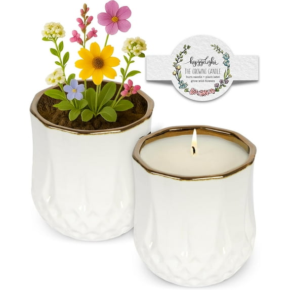 Hyggelight | The Growing Candle Lavender Soy Candle with Wildflower Seeds, Scented Candle in Astrid White Ceramic Container