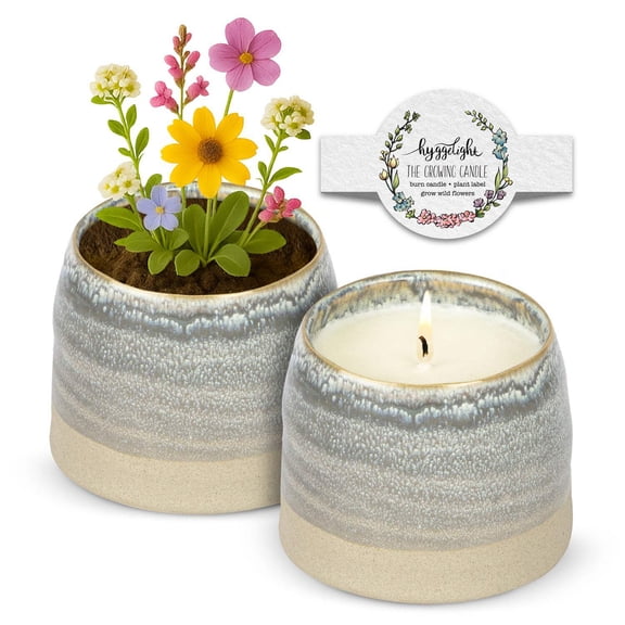 Hyggelight | The Growing Candle Wild Flowers Soy Candles with Wildflower Seeds, Scented Candle in Greta Stone Grey Ceramic Container