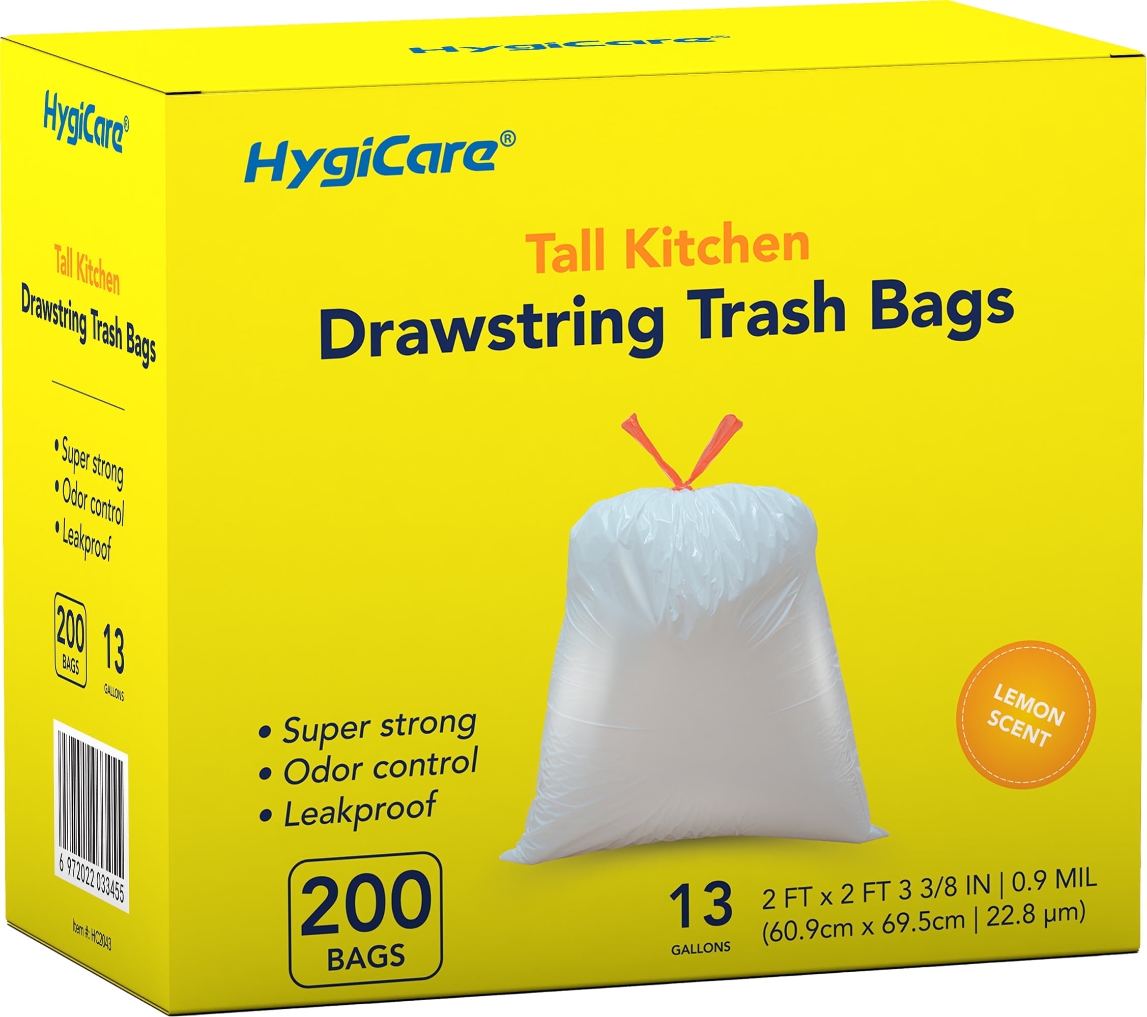 HygiCare 13 Gallon Tall Kitchen Drawstring Trash Bags, 200 Count, Lemon Scent, Super Strong, Leakproof