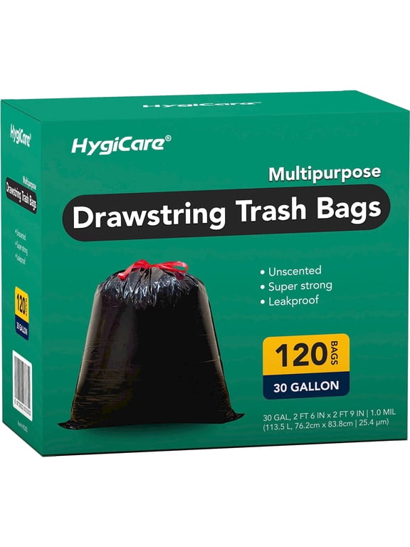 30 Gallon Drawstring Trash Bags, 120ct, Super Strong, Leakproof, Unscented
