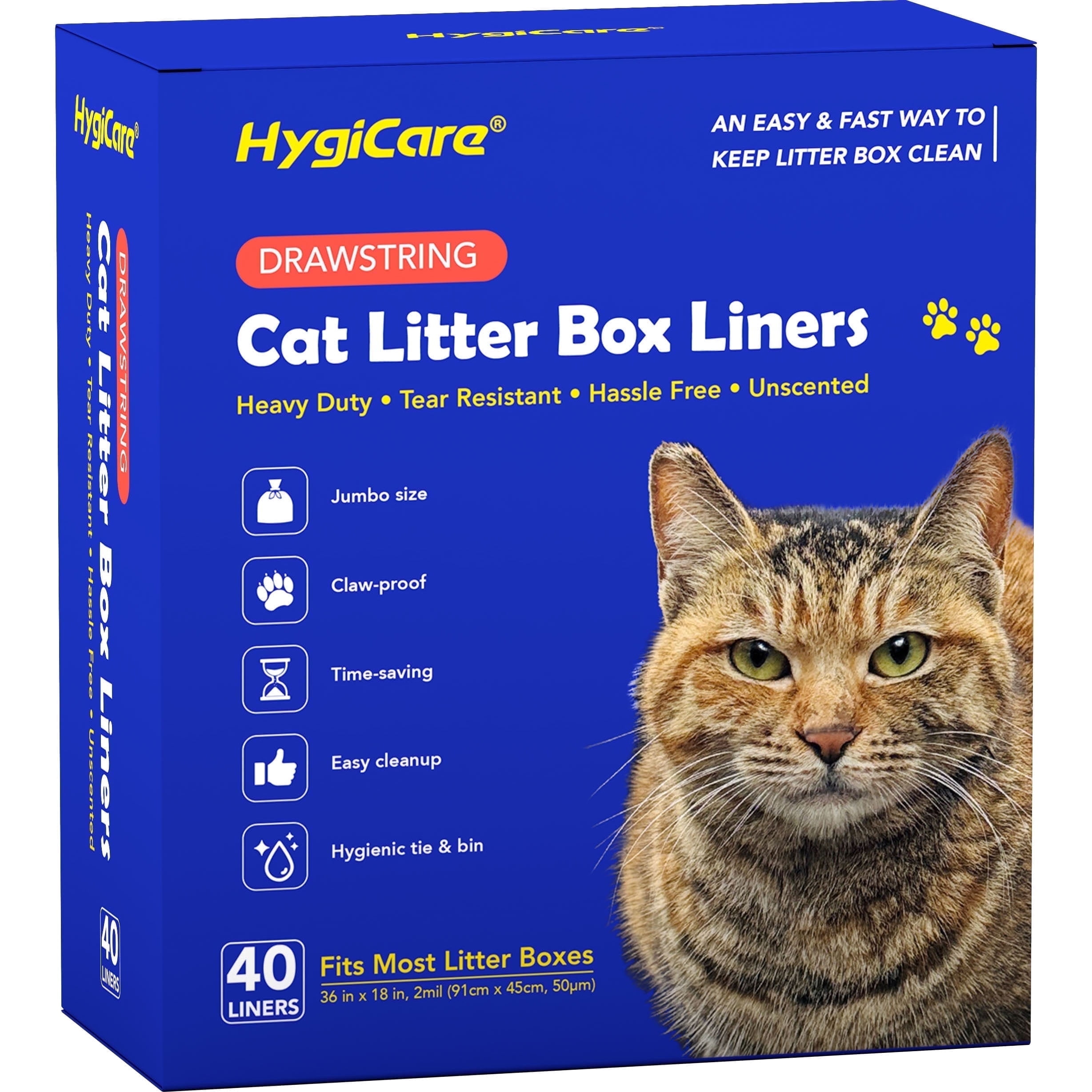 HygiCare Cat Litter Box Liners, 40ct, Jumbo Size, 36"x18", Heavy Duty, Tear Resistant, Claw-Proof