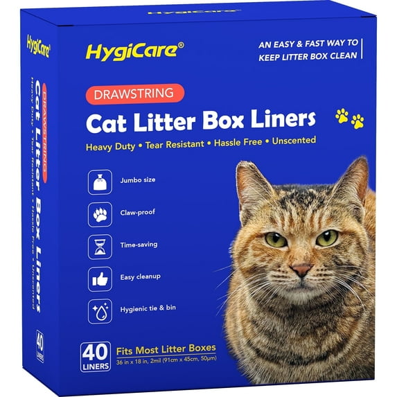 HygiCare Cat Litter Box Liners, 40ct, Jumbo Size, 36"x18", Heavy Duty, Tear Resistant, Claw-Proof