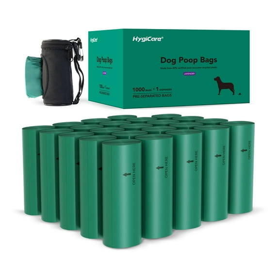 HygiCare Dog Poop Bags with Dispenser, 1000ct, Lavender, Strong, Leakproof, Eco-friendly Material