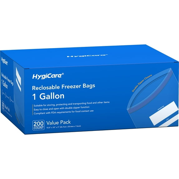 HygiCare 1 Gallon Freezer Bags, Write-on Label, Stand & Fill Base, Double Zipper Closure, Easy to Close and Open, 200 Count