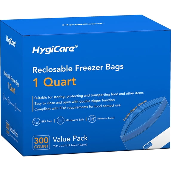 HygiCare Reclosable Freezer Bags, 1 Quart, Write-on Label, Double Zipper Closure, Easy to Close and Open, 300 Count