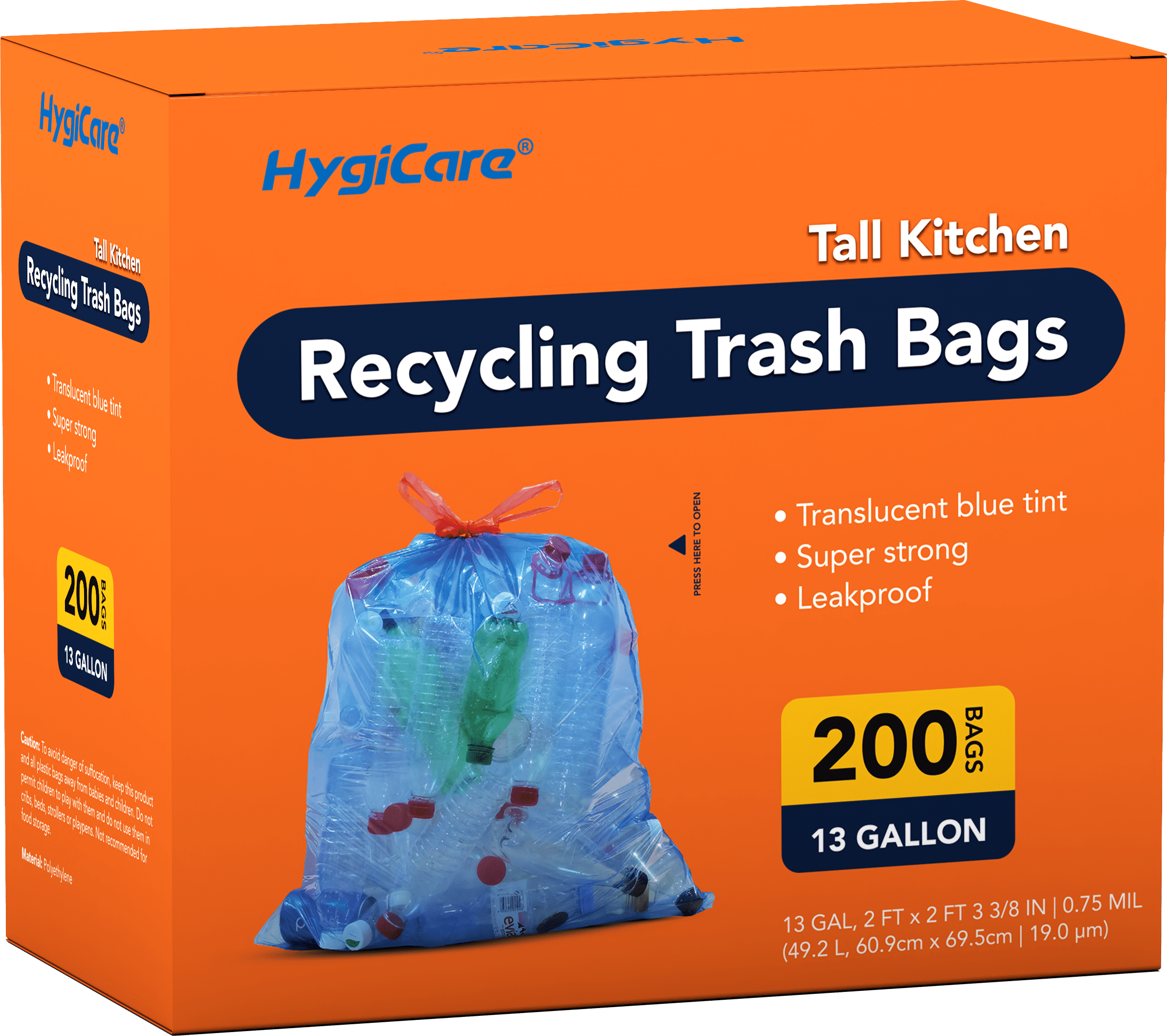 HygiCare 13 Gallon Kitchen Garbage Liners, 200 Count, Strong & Leakproof Waste Bin Bags
