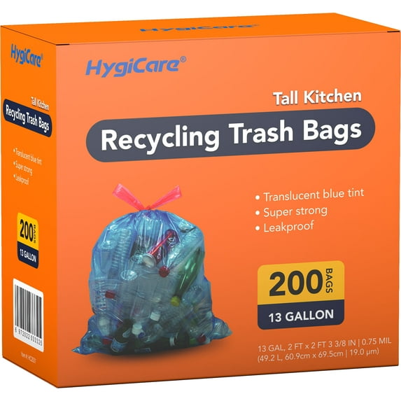 HygiCare Recycling Trash Bags, 13 Gallon, 200 Count, Unscented, Super Strong, Leakproof, Translucent Blue