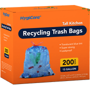 HygiCare Recycling Trash Bags, 13 Gallon, 200 Count, Unscented, Super Strong, Leakproof, Translucent Blue