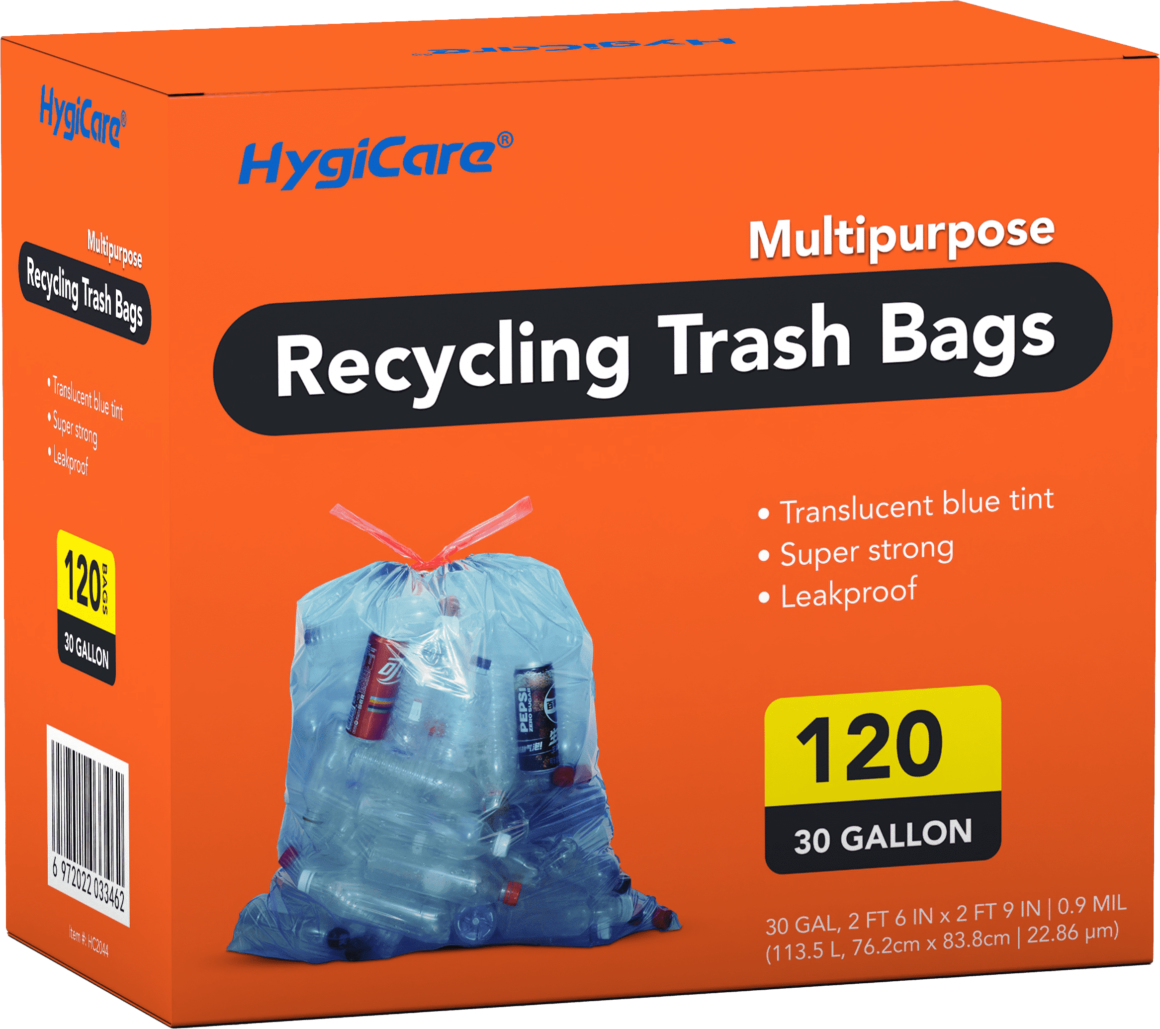 HygiCare Recycling Trash Bags, 30 Gallon, 120 Count, Unscented, Super Strong, Leakproof, Translucent Blue